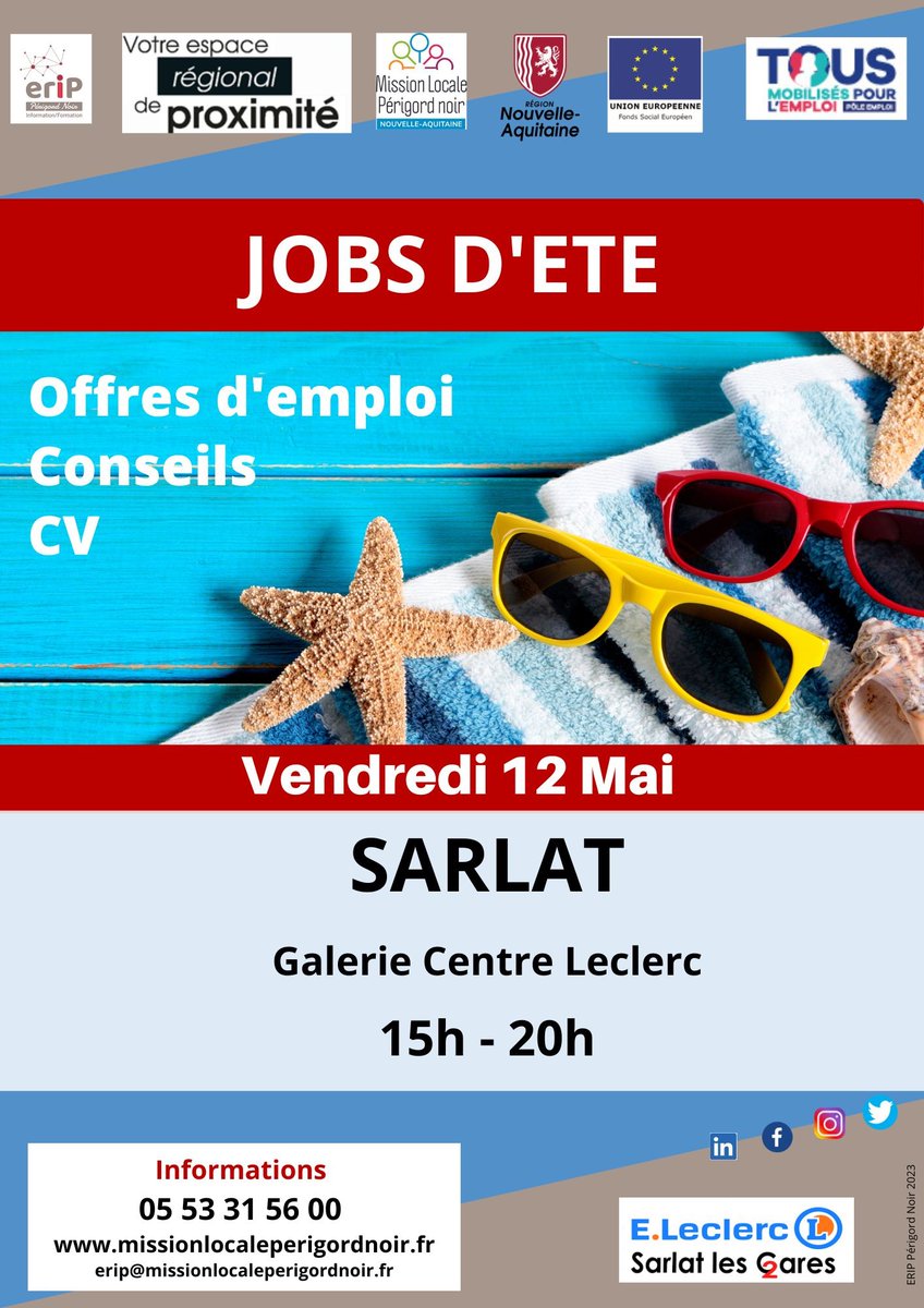 [jobs d'été]
👉 infos sur les offres
 👉conseils pour votre 1er CV
👉réponse à  vos interrogations sur vos droits et vos devoirs, les conditions d'emploi des mineurs, etc..

vendredi 12 Mai de 15 h à 20 h  - la galerie du @eleclercsarlat -  Centre Leclerc de Sarlat