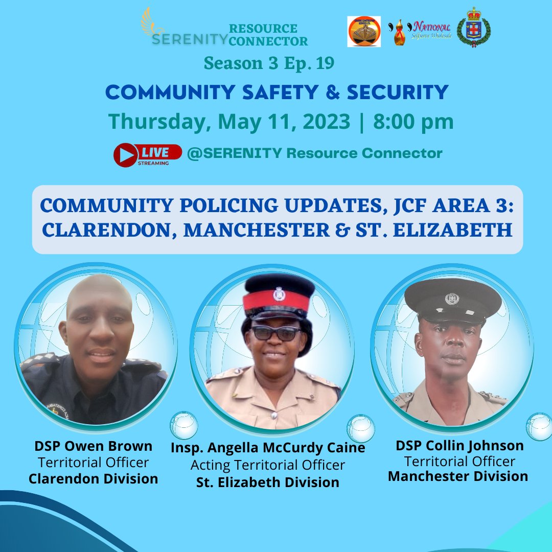SerenityAdvisor's tweet photo. Join us on YouTube Live, Thursday, May 11th at 8pm for Community Policing Updates from JCF Area 3: Clarendon, Manchester & St. Elizabeth
#SERENITYResourceConnector #CommunitySafetyandSecurity #communitypolicing #JCFArea3 #Clarendon #Manchester #StElizabeth #Jamaica https://t.co/GuBNlzna9I