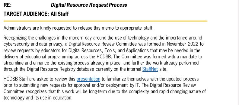 HCDSBprivacy's tweet photo. To all HCDSB  staff: 

To learn more about requesting apps, review the memo entitled, CUR:142 - Digital Resource Request Process, released to all vice principals and principals, May 9. 2023 Weekly Memo Summary. https://t.co/rCOlkecTRp