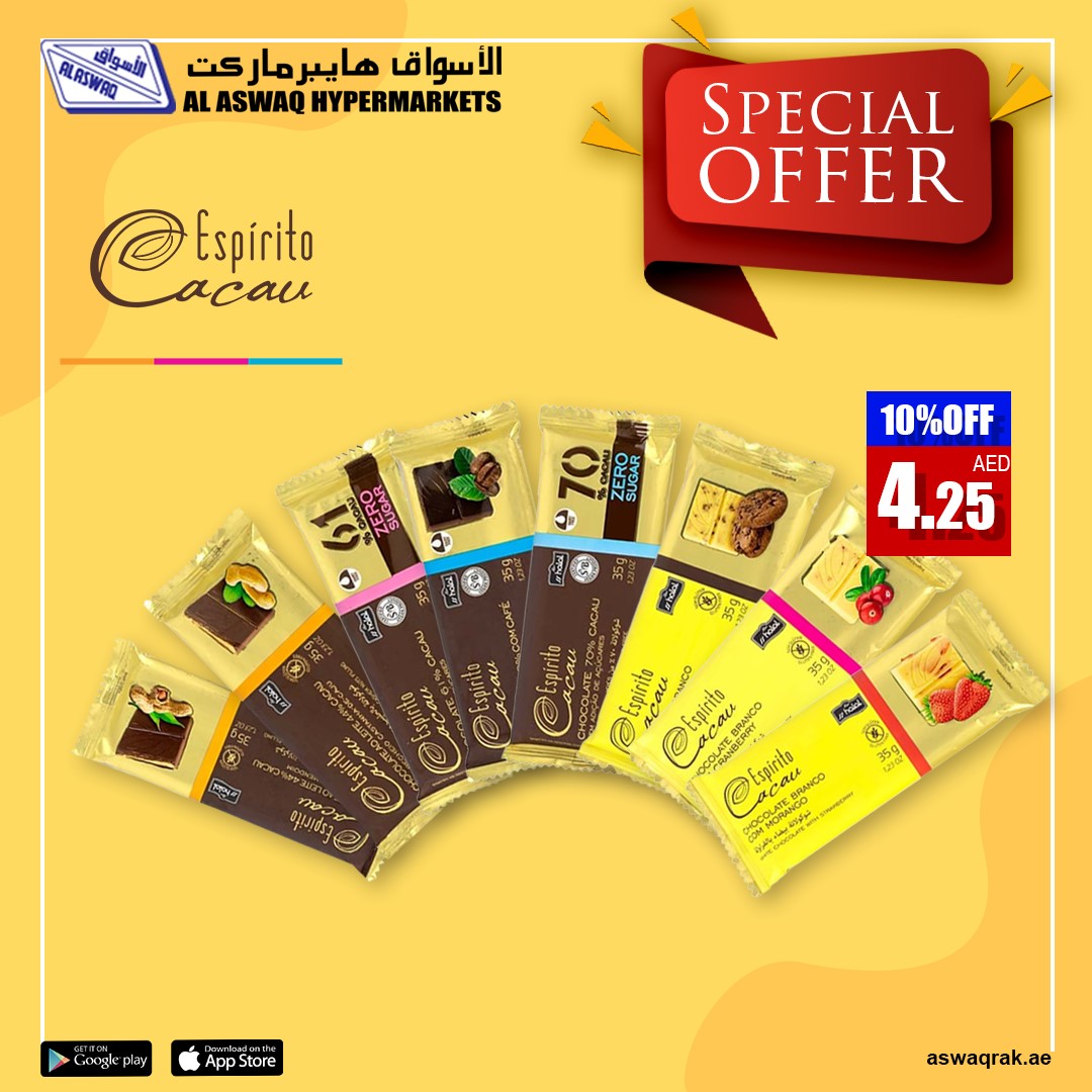 FalconFoodstuff's tweet image. Golden Falcon Food Stuff Trading brings you the Special offers in Espirito Cacau Brazilian Luxury Chocolates 35 gm at 4.25 AED at all AL ASWAQ RAK National Market Retail Outlets and available in online store aswaqrak.ae and Al Aswaq in play store and app store