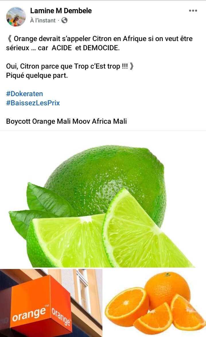 Miniankakeh's tweet photo. @Fatittystar
@Orange_Mali
@DOKERATEN
《Orange devrait s’appeler Citron en Afrique si on veut être sérieux … car  ACIDE  et DEMOCIDE.

Oui, Citron parce que Trop c’Est trop !!!》
Piqué quelque part. 

#Dokeraten 
#BaissezLesPrix

Boycott Orange Mali Moov Africa Mali https://t.co/SACYaVYd7A