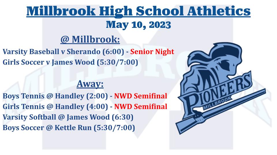 Several Millbrook teams are in action tonight - please see below for details.  

Tickets for tonight's events can be purchased using the link below: 
gofan.co/app/school/VA6…

There will be no admissions fee charged for tonight's baseball game.