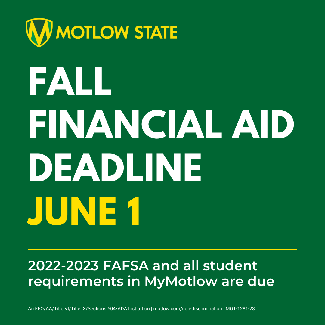 MotlowState's tweet image. Need financial assistance to pay for college? Complete your FAFSA and financial aid requirements today. Motlow’s financial aid priority processing deadline is June 1 to assure your financial aid is ready for the Fall Semester.  #MotlowState #PriorityDeadline #FinancialAid