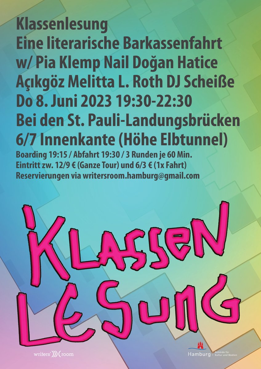 Do not miss: 8. Juni 2023 
"#Klassenlesung" ● Eine literarische #Barkassenfahrt
mit Pia Klemp, Nail Doğan, Hatice Açıkgöz, Melitta L. Roth &amp; @ayna_usw 
Infos: facebook.com/events/1285837…
#hafenrundfahrt #elbtrash
#writersroom #hamburg
!B