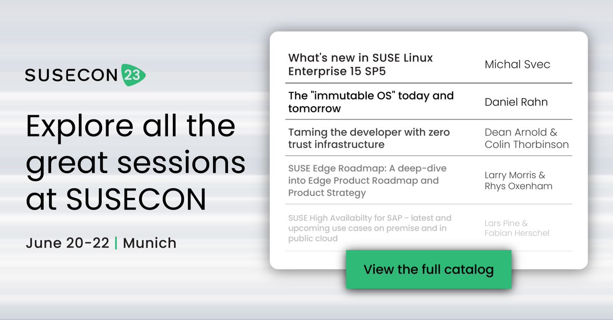 spearing_a's tweet photo. Excited to share that the #SUSECON23 session catalog is now available! Join us in Munich and online a week later to learn about the latest innovation in Business-critical Linux, Enterprise Container Management and Edge solutions. 
See the catalog here: https://t.co/1pE2FnWqok https://t.co/qcKLN87wpK