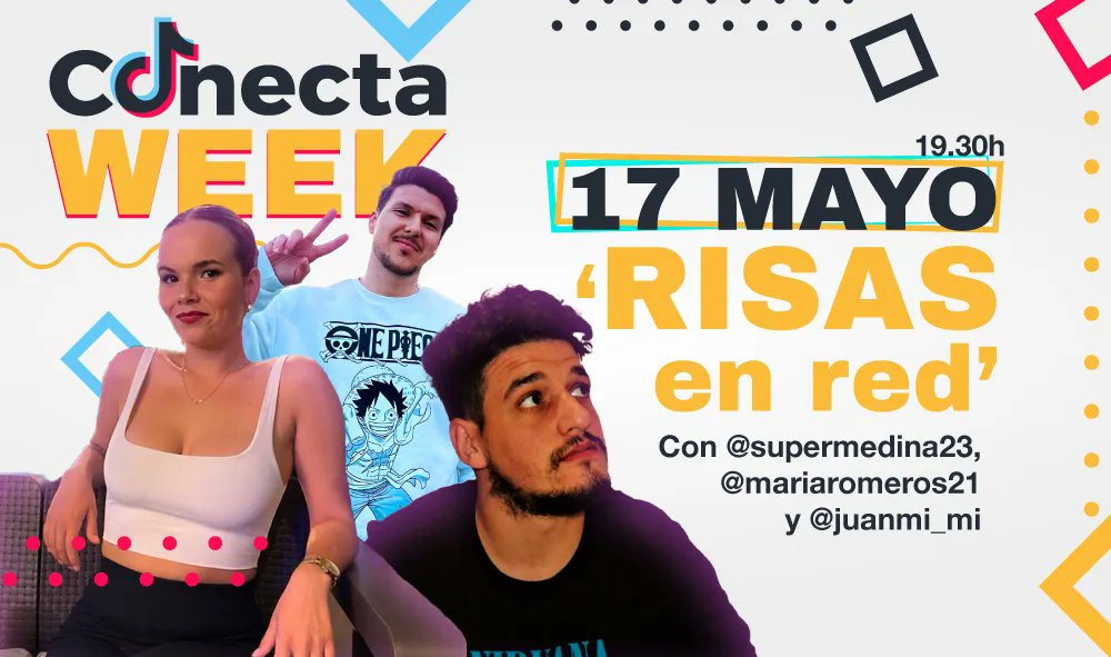 'Risas en red', segunda sesión de #ConectaWeek en #Huelva con la pareja de humoristas <a href="/SuperMedina23/">SuperMedina23</a> y María Romero, que desde Lepe revolucionan TikTok con sus sketches, y con el cómico Juanmimi, presentados por <a href="/BauHuelva/">Alberto Bautista</a>

📆 Miércoles 17 de mayo, 19.30h
🔖 Entrada libre