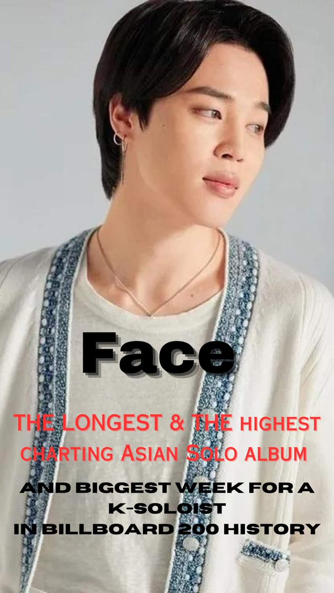 PJMAngelsph's tweet photo. Jimin's "FACE" charted at #157 for six (6) straight weeks on Billboard 200. His debut EP now ties for the longest-charting Asian Solo Album in Chart History.

Congratulations our Love Jimin

#JIMIN
#Jimin_FACE https://t.co/8hPcD3X7t6