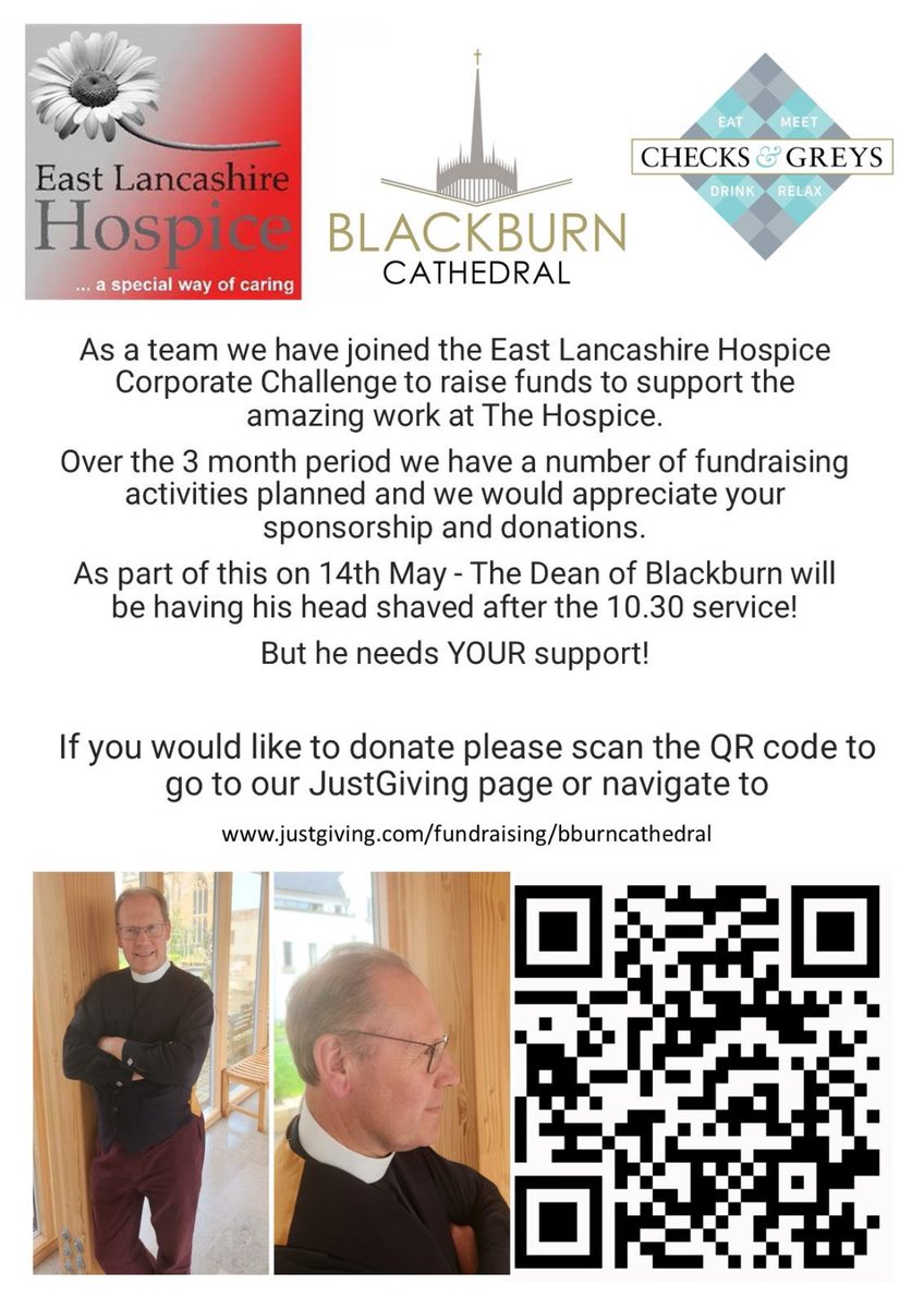 I will be having his head shaved at this coming Sunday’s service in aid of East Lancashire Hospice - any support gratefully received - follow link justgiving.com/fundraising/bb…
<a href="/cofelancs/">The CofE in Lancashire (Blackburn Diocese)</a> <a href="/Blackburn_BID/">Blackburn BID</a> <a href="/HiveBwD/">HIVE - BwD Business</a> <a href="/elhospice/">East Lancashire Hospice</a> <a href="/engcathedrals/">English Cathedrals</a> <a href="/Gillylancs/">John Gillmore</a>