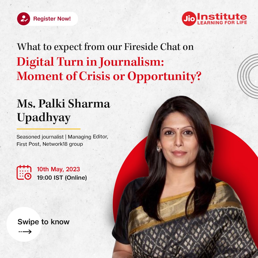 Digital Turn in Journalism: Moment of Crisis or Opportunity? Join this session with Ms. Palki Sharma, Managing Editor, @Firstpost on May 10th from 7–8 PM Click here to register for the event: lnkd.in/d2nUqTQr