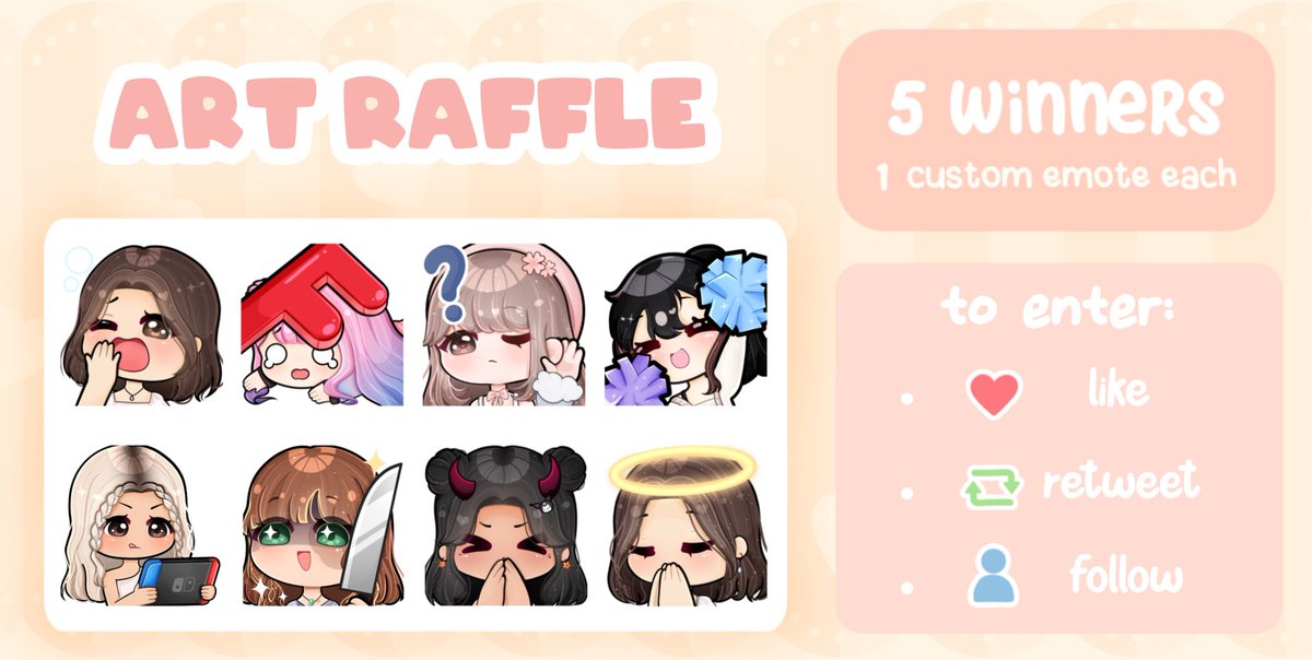 emote art raffle 𓂃★

✦ ——  wanted to celebrate hitting 100 followers ! thank you so much ♡

‣ must be following
‣ retweet and like
‣ ends: june 1st

🌸 #artraffle #emoteartist #Giveaway