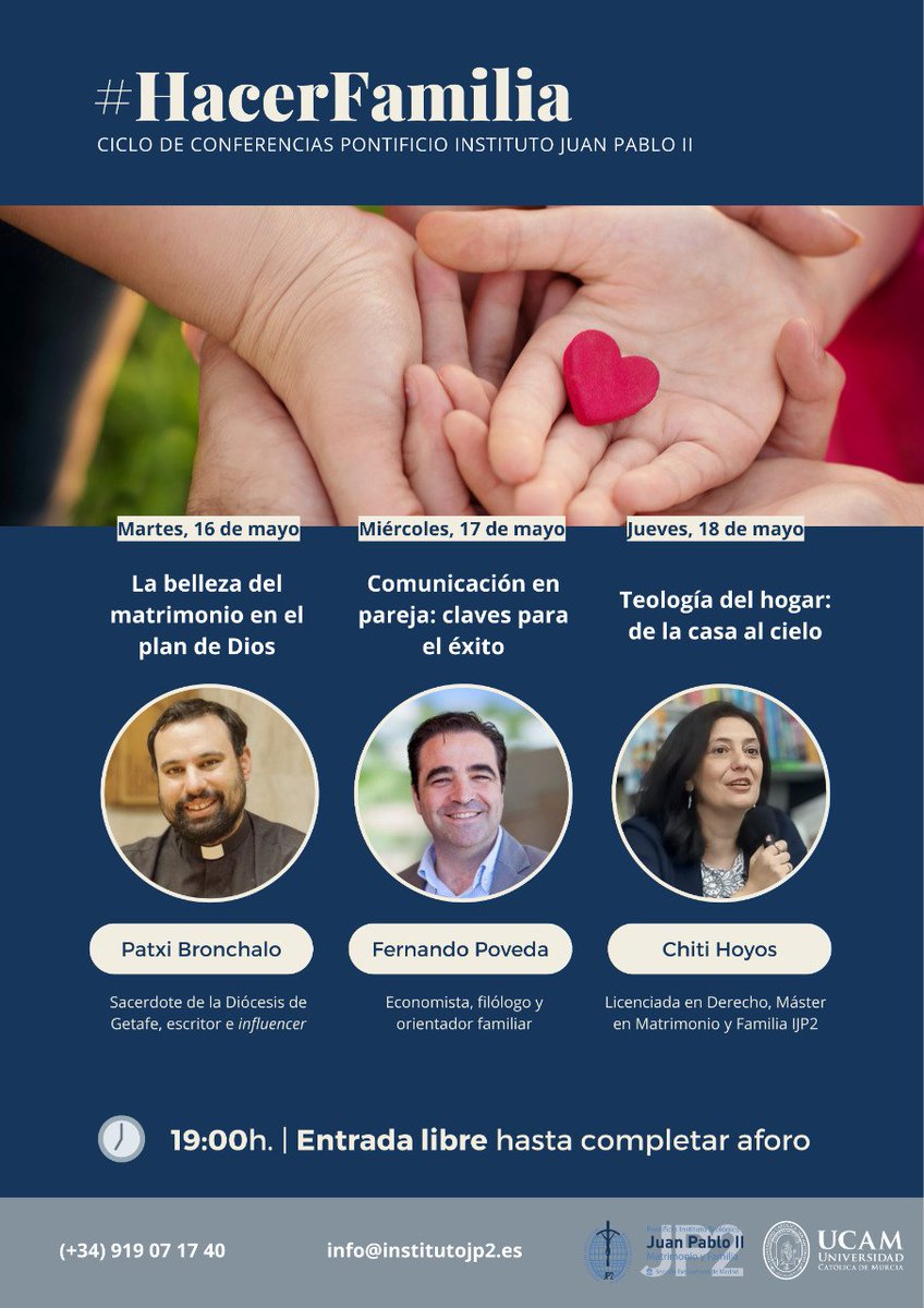 📢 I Ciclo de Conferencias #HacerFamilia en el #IJP2

✅️ @PatxiBronchalo: la belleza del #matrimonio (martes 16)

✅️ <a href="/parejaQfunciona/">La Pareja que Funciona</a>: claves para la comunicación (miércoles 17)

✅️ <a href="/Damihibibere/">La samaritana</a>: teología del hogar (jueves 18)

⏰ 19:00 

ℹ️ institutojp2.es/noticias/ciclo…