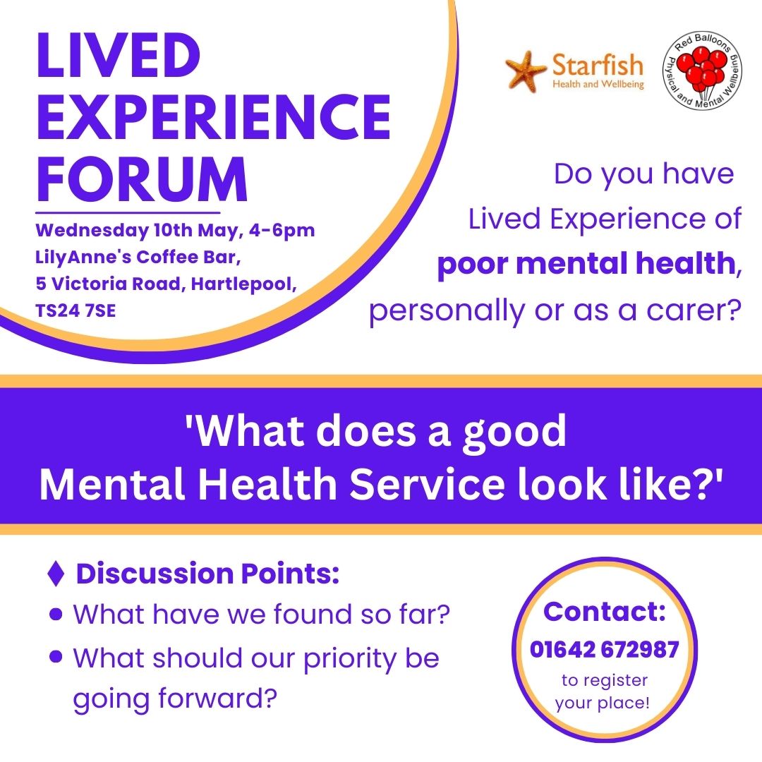 Today is the day! 

The next meeting of the Lived Experience Forum will be taking place in LilyAnne's Coffee Bar, Hartlepool this afternoon 4-6pm. 

We want to hear from you! 

Please come along and share you thoughts to inform Mental Health Services in your local area!