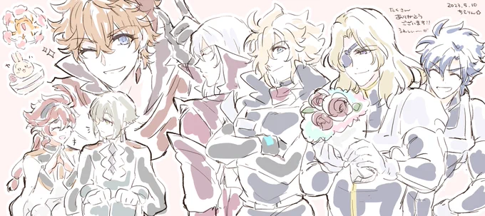 お誕生日おめでとうのメッセージやイラストをありがとうございます!嬉しいのでプレゼントに頂いたキャラ達を私も描きました～! ザビキン～ゼハアシュ～エラスレ～～