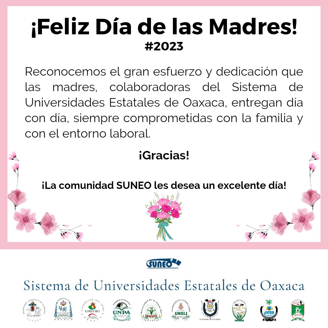SUNEO_Oaxaca's tweet photo. ¡Feliz Día de las Madres! #2023

La comunidad SUNEO les desea un excelente día 💐 https://t.co/elPtUmvSuk