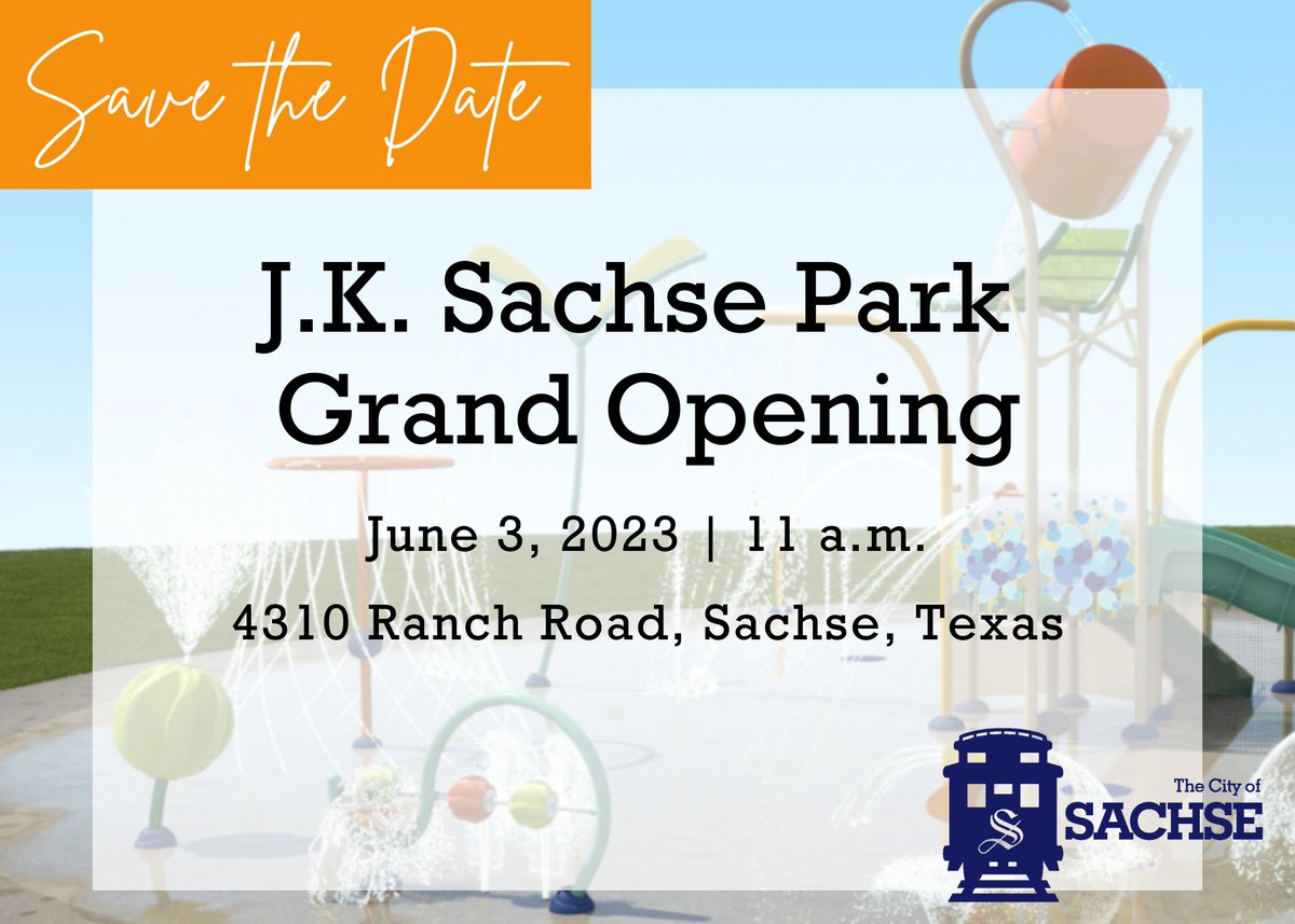 Staff has been monitoring the weather for this upcoming Saturday. Due to the high percentage of rain and vendors needing ample cancellation notice, we will be RESCHEDULING the J.K. Sachse Park Grand Opening to Saturday, June 3!