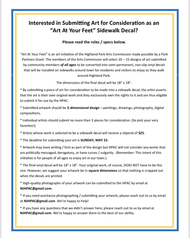 hpboro's tweet photo. The Highland Park Arts Commission invites residents to submit their suggestions for sidewalk art in H.P.. They will transform a few select ideas into semi permanent vinyl decal art, on sidewalks around town. Deadline is May 28th, send suggestions or questions to NJHPAC@gmail.com https://t.co/gqP1FXBBYU