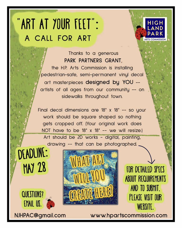hpboro's tweet photo. The Highland Park Arts Commission invites residents to submit their suggestions for sidewalk art in H.P.. They will transform a few select ideas into semi permanent vinyl decal art, on sidewalks around town. Deadline is May 28th, send suggestions or questions to NJHPAC@gmail.com https://t.co/gqP1FXBBYU