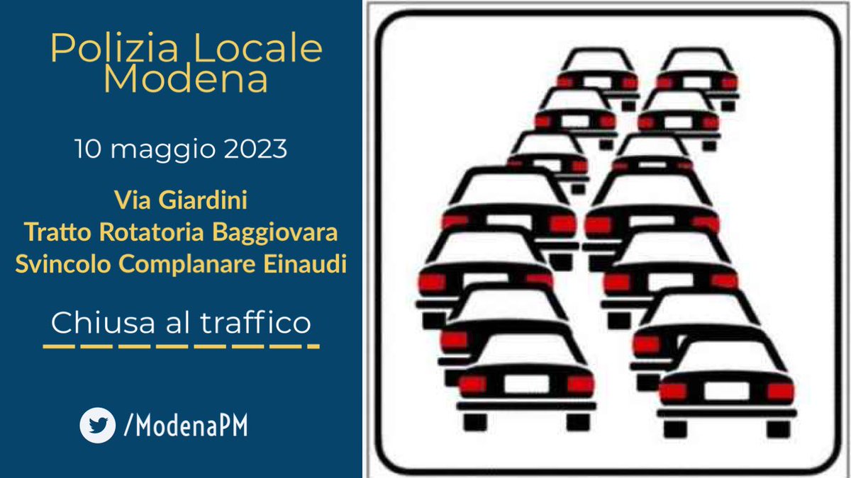 PLModena's tweet photo. #ViabilitàMO #10maggio
🔴 Temporanea sospensione della #circolazione stradale in via #Giardini tratto rotatoria #Baggiovara svincolo #Complanare Einaudi causa #incidente stradale.
Siamo sul posto per le deviazioni del #traffico https://t.co/9S9VB72aLy