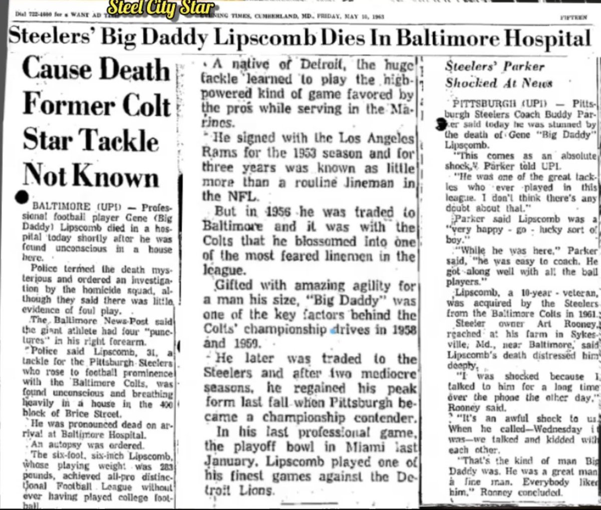 steelcitystar's tweet photo. 60 years ago today….
Gene “Big Daddy” Lipscomb dies, age 31
The shocking news stuns the Steelers as Buddy Parker and Art Rooney express disbelief that the dominant defensive tackle, who just made his 3rd Pro Bowl, is suddenly gone.
RIP Big Daddy https://t.co/GpScbN7K9S