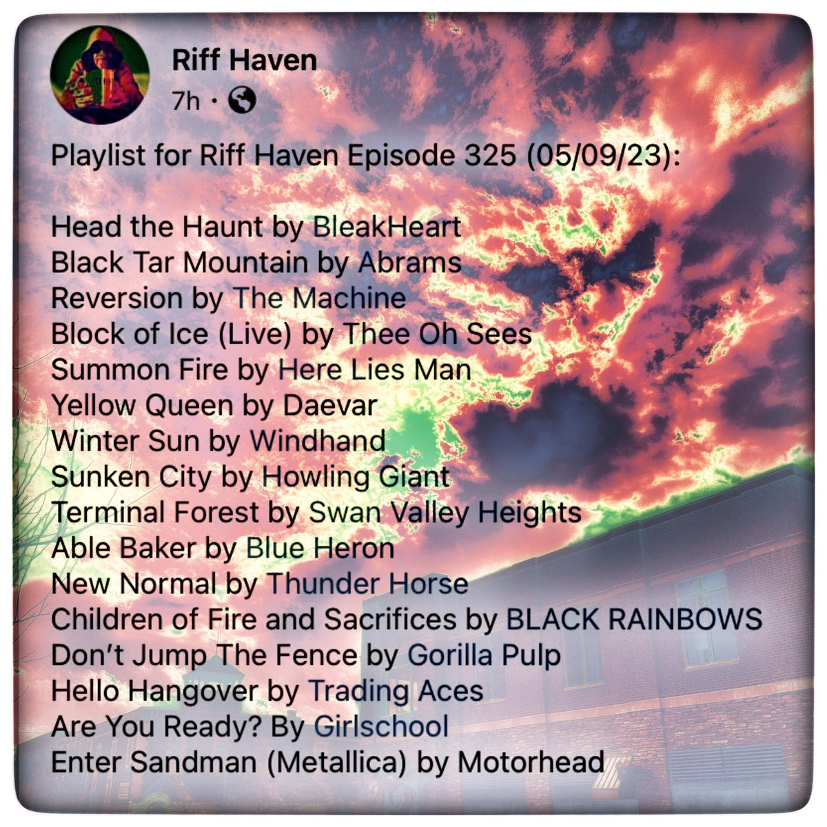 RiffHaven's tweet photo. #RiffHaven #RadioBoise #Bleakheart #Abrams #TheMachine #TheeOhSees #HereLiesMan #Daevar #Windhand #HowlingGiant #SwanValleyHeights #BlueHeron #ThunderHorse #BlackRainbows #GorillaPulp #TradingAces #Girlschool #Motorhead https://t.co/QId3ORRlOY