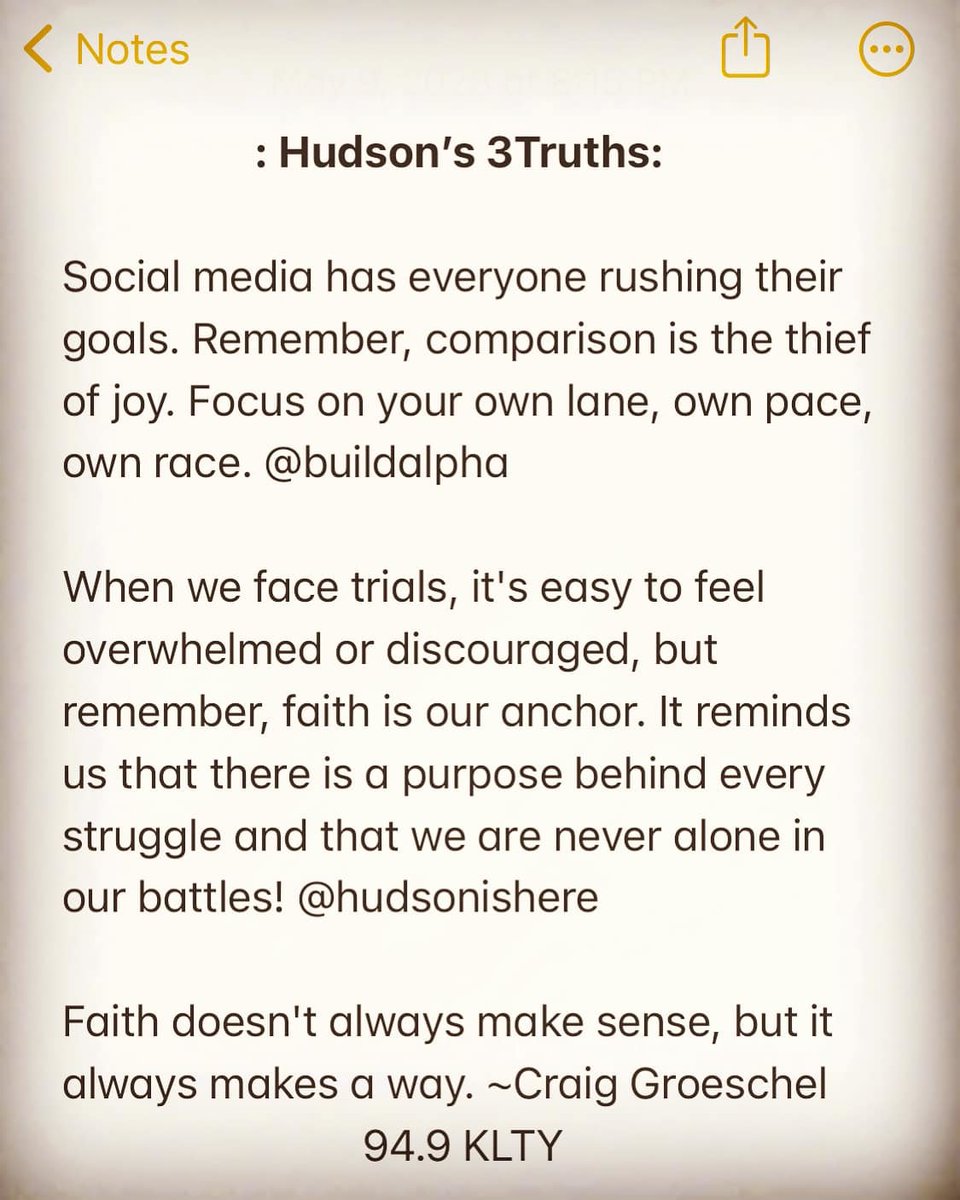 949KLTY's tweet photo. #3Truths from @HudsonIsHere on your Wednesday! 😉 Tune into @KltyMornings on 94.9 #KLTY for more #inspiration ➡️ https://t.co/V2qPkN55NI 💪 #focusonyourlane #neveralone #faithmakesaway https://t.co/yTN9OswMWN