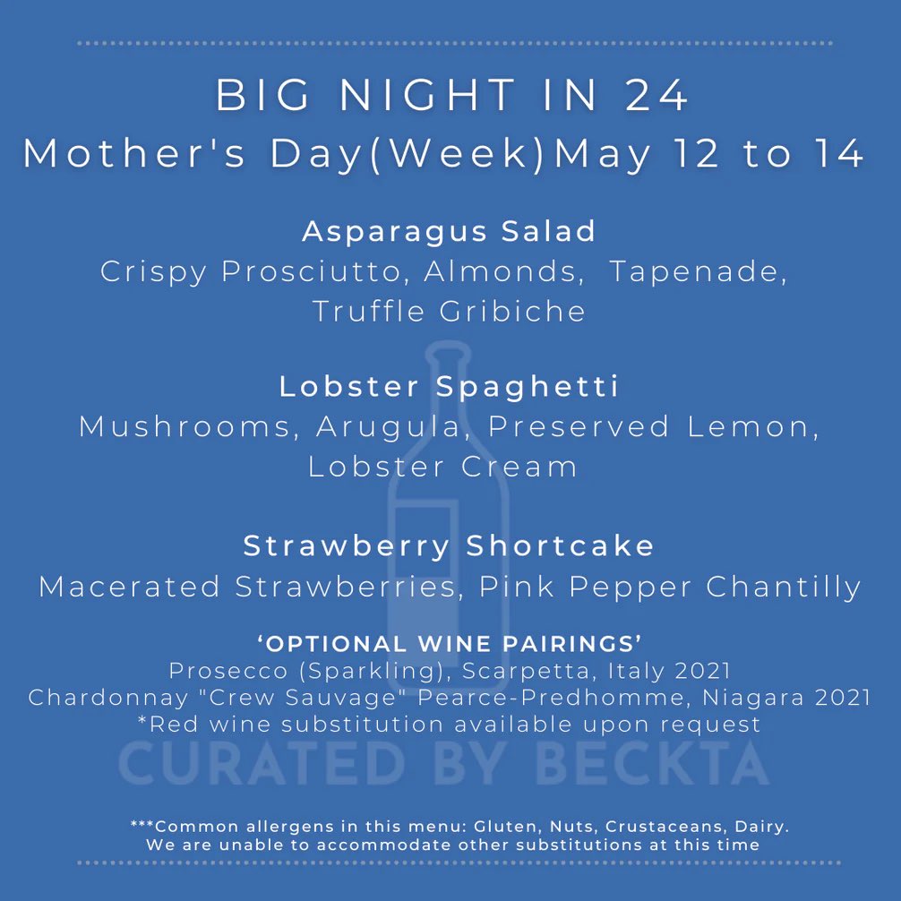 Wow everyone with one of our DELICIOUS Mother’s Day (Week) menus!

Preorder today as quantities are limited, and bring home some great #hospitalitydelivered!

Available Friday-Sunday for pickup or delivery. Free delivery with orders over $120 and within 25km of Beckta.