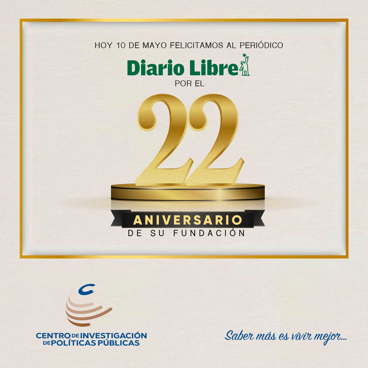 Cipp_rd's tweet photo. El Centro de Investigación de Políticas Públicas felicita al periódico @DiarioLibre  por el 22 aniversario de su fundación.

#DiarioLibre #aniversario #CIPP https://t.co/KCeT1VFLbX