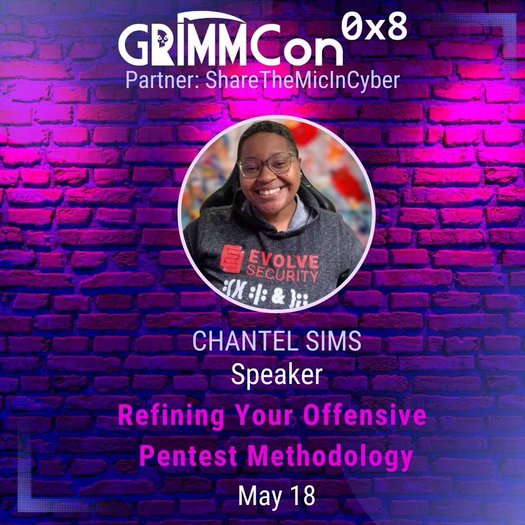 🔥 #GRIMMCon 0x8 welcomes speaker Chantel Sims @Signed_Ro0t on May 18! You do not want to miss her talk - register for our free virtual CON today! ✅Register bit.ly/3ovordw 👍Partner @ShareInCyber 🛒Shop swag.grimmcyber.com 💯Swag proceeds @BlackGirlsCODE