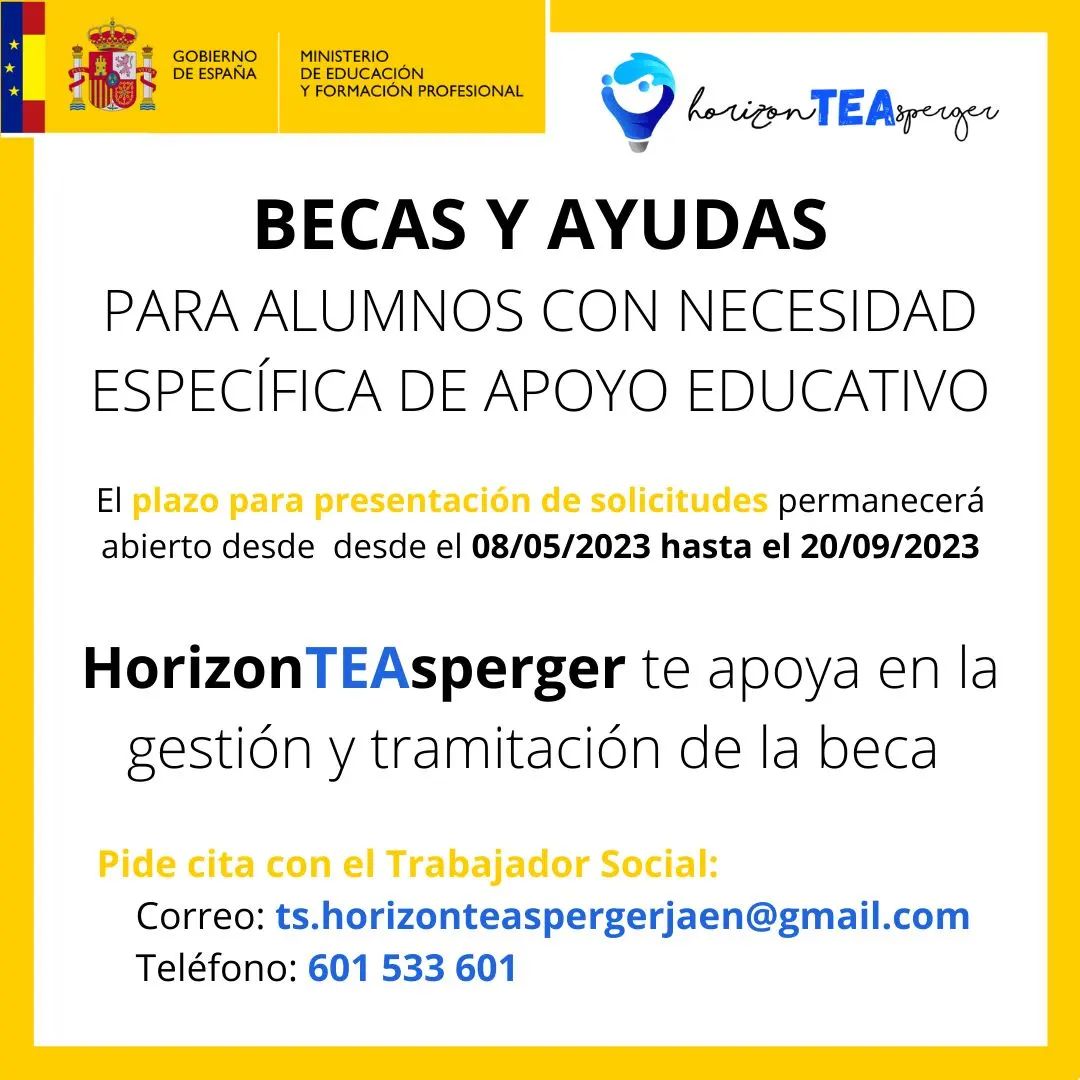 HorizonTEAsper's tweet photo. 📚 BECAS NEAE 2023

🗓 Les informamos que el plazo de presentación de solicitudes de las Becas para alumnos con necesidad específica de apoyo educativo es desde el 8 de mayo hasta el 20 de septiembre de 2023.

💡Desde Horizonte Asperger ayudamos a gestionar esta beca. https://t.co/5l3wc4nFwG