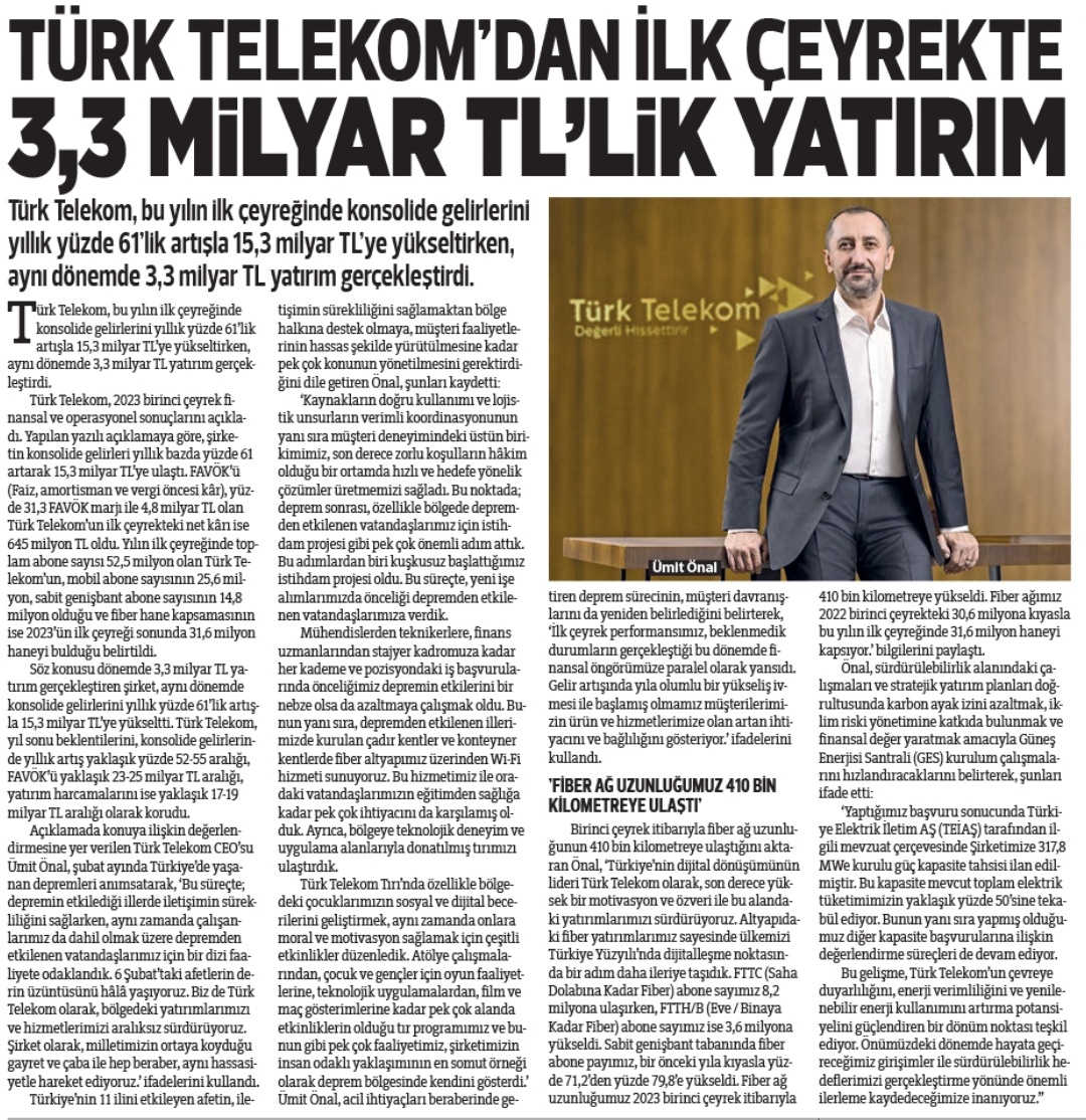 #TTKOM İlk Çeyrekte 3.3 Milyar TL'lik Yatırım

YeniBirlik