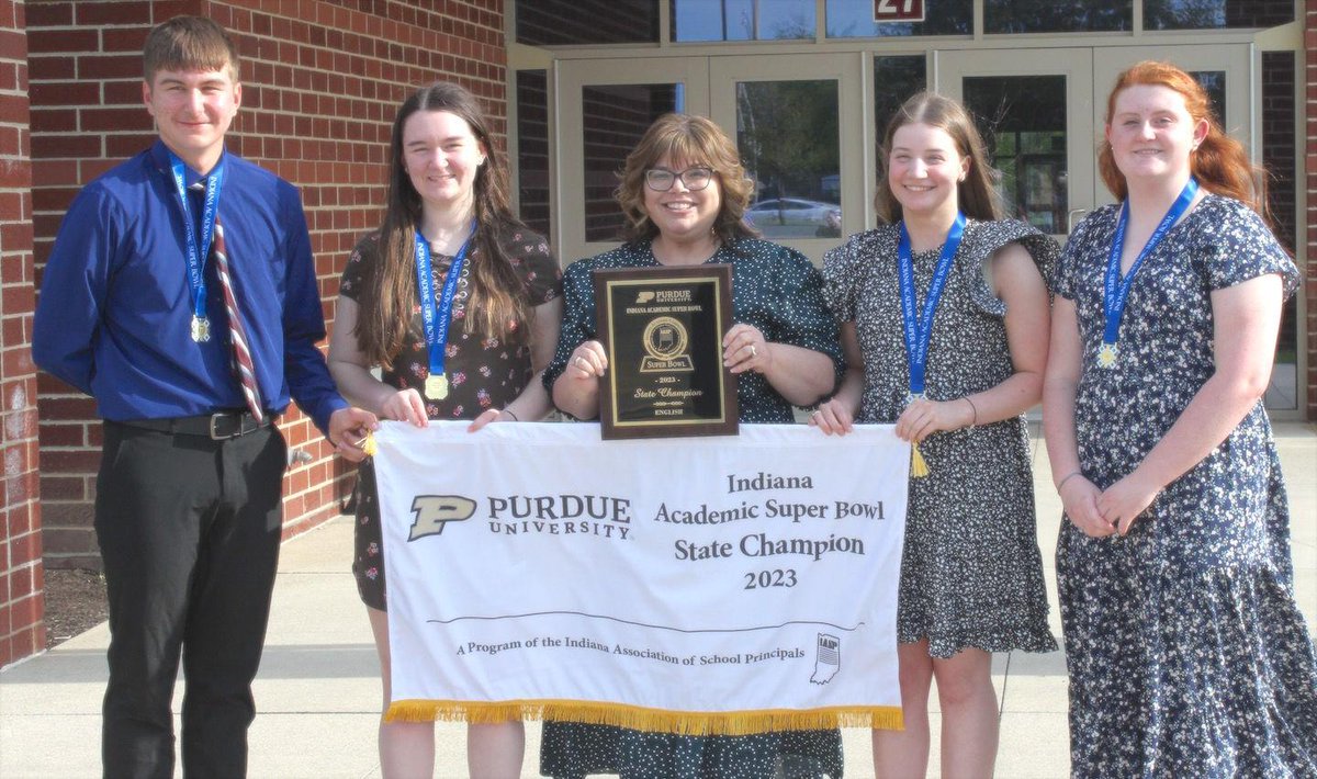 GKBDistrict's tweet photo. Congratulations to the GHS English Academic Team! The team took home the state championship banner from the 37th annual Indiana Academic Super Bowl State Finals at Purdue University. Way to go Camdyn Woods, Cyann Lilly, Macy Kashmer, Abby Thomas, and Coach Jonelle Furnish! 🥳 https://t.co/dnZovvHQ3P