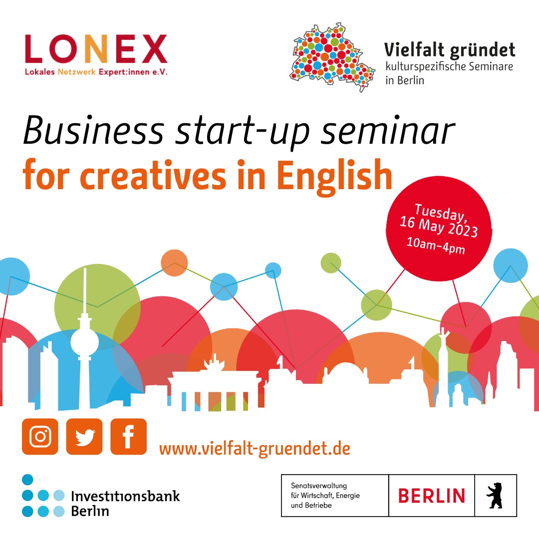 You are a #creative and want to become self-employed in #Berlin? Our one-day seminar in Friedrichshain explains the basics of #business foundation in English.

When? 16 May 2023
10am - 4pm

Register here: lets-meet.org/reg/bbdcee3f47…