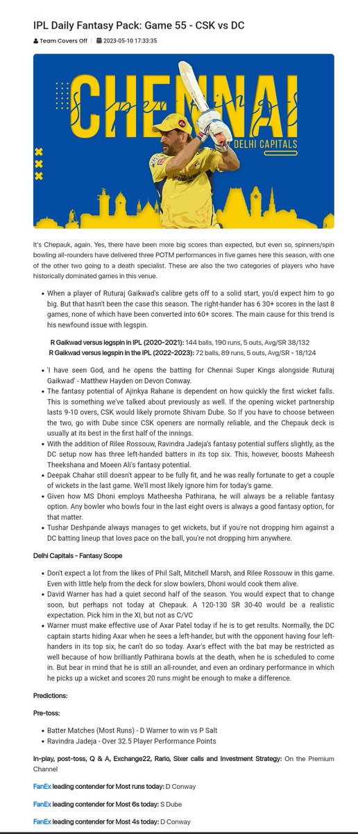 CoversoffLeaks's tweet image. Coversoff CSKvDC prediction uploaded on telegram channel join now telegram.me/coversoffAI

#CSKvDC #Dream11 #coversoff