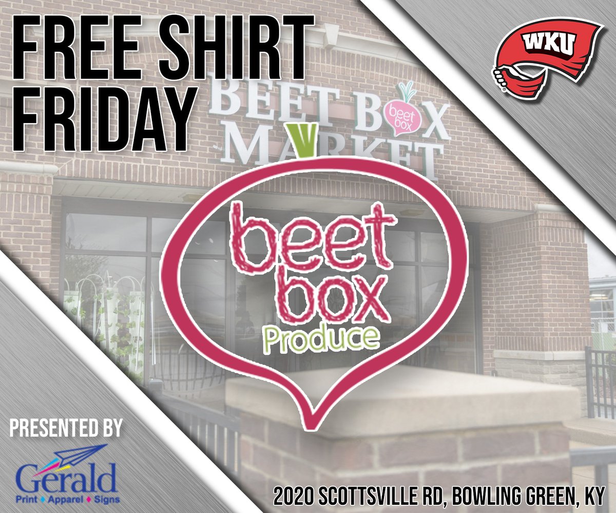 HilltopperSportsProperties (@wkulearfield) on Twitter photo Come on over to <a href="/beetboxproduce/">Beet Box Produce</a> today to pick up your free <a href="/WKUSports/">WKU Sports</a> shirt for Free Shirt Friday, presented by <a href="/GeraldPrinting/">Gerald Printing</a>! We get going at 11:30AM, so hurry on over because supplies run out quick! Come on over to <a href="/beetboxproduce/">Beet Box Produce</a> today to pick up your free <a href="/WKUSports/">WKU Sports</a> shirt for Free Shirt Friday, presented by <a href="/GeraldPrinting/">Gerald Printing</a>! We get going at 11:30AM, so hurry on over because supplies run out quick!
