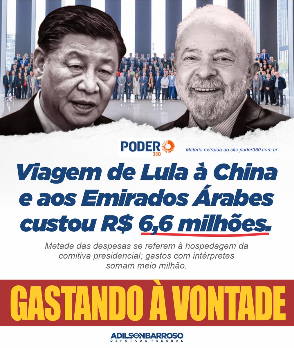 adbbolsonarista's tweet photo. Viagem de Lula à China e  aos Emirados Árabes custou R$ 6,6 milhões.

#lulanacadeia #esquerdacaviar #jairbolsonaro #presidentebolsonaro #jairmessiasbolsonaro #bolsonaropresidente #jairmessiasbolsonaro #tarcisio #adilsonbarroso #depfedadilsonbarroso #tarcisaoatitude https://t.co/0JghDw8MM6