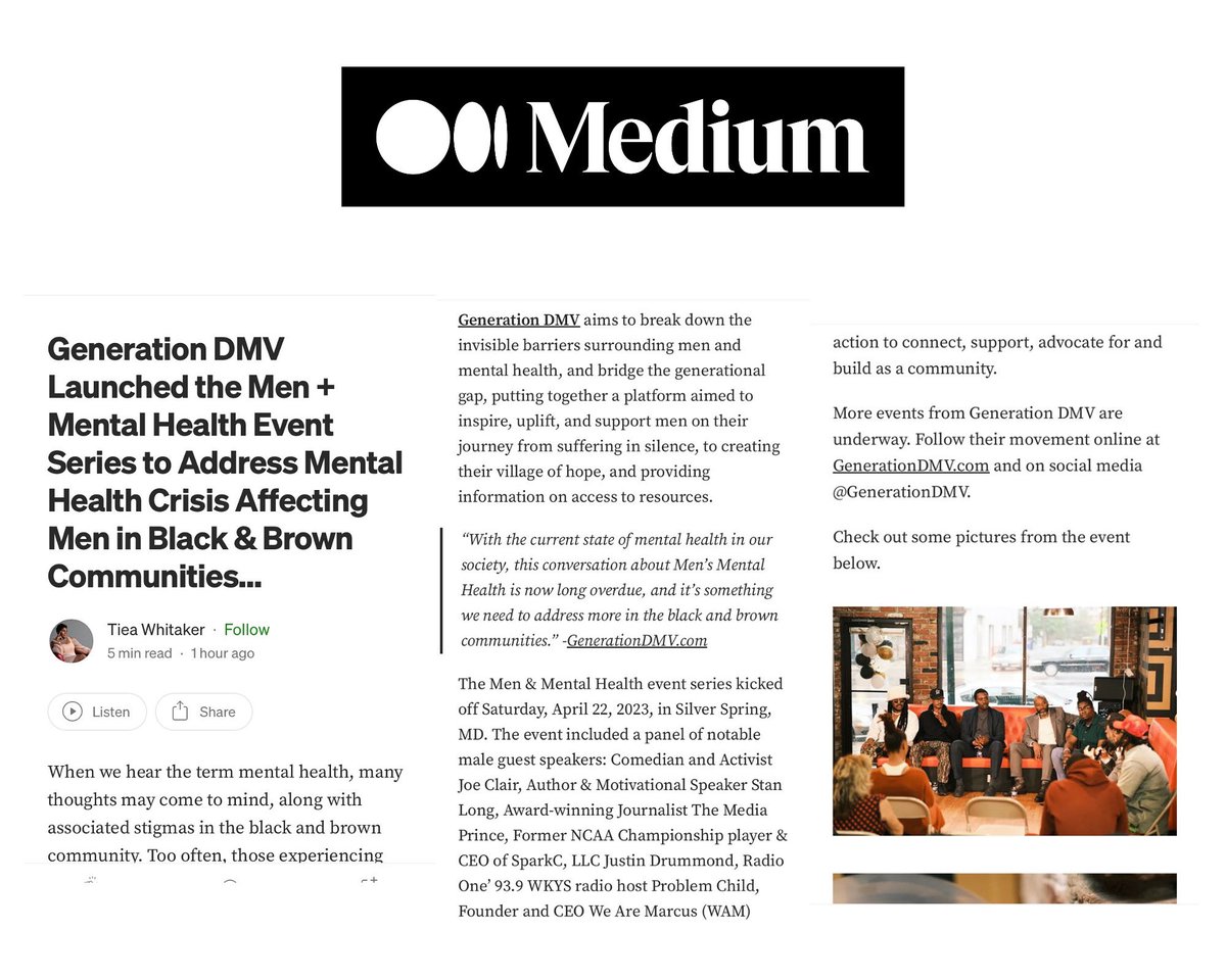 Just1Pr's tweet photo. Thank you @Medium for this amazing article on @GenerationDmv Men + Mental Health 🙏🏽📰
Full Article 🔗in Bio👉🏽
•
#GenerationsDMV #mentalhealthawareness #mentalhealthmatters #menandmentalhealth #malepaneldiscussion
#mentalhealthawarenessmonth #mentalhealthadvocate https://t.co/EszdC5x1Id