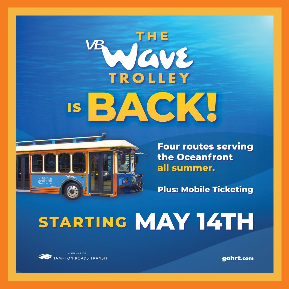 gohrt_com's tweet photo. The VB Wave Trolley is back starting May 14th. Four routes serving the Oceanfront and destinations beyond! Plus: mobile ticketing is available. To learn more visit https://t.co/XlYDf4AH6V #gohrt #trytransit #VBWave #Trolley #Oceanfront #virginiabeachva #summer2023 https://t.co/7M1qx3xMCg
