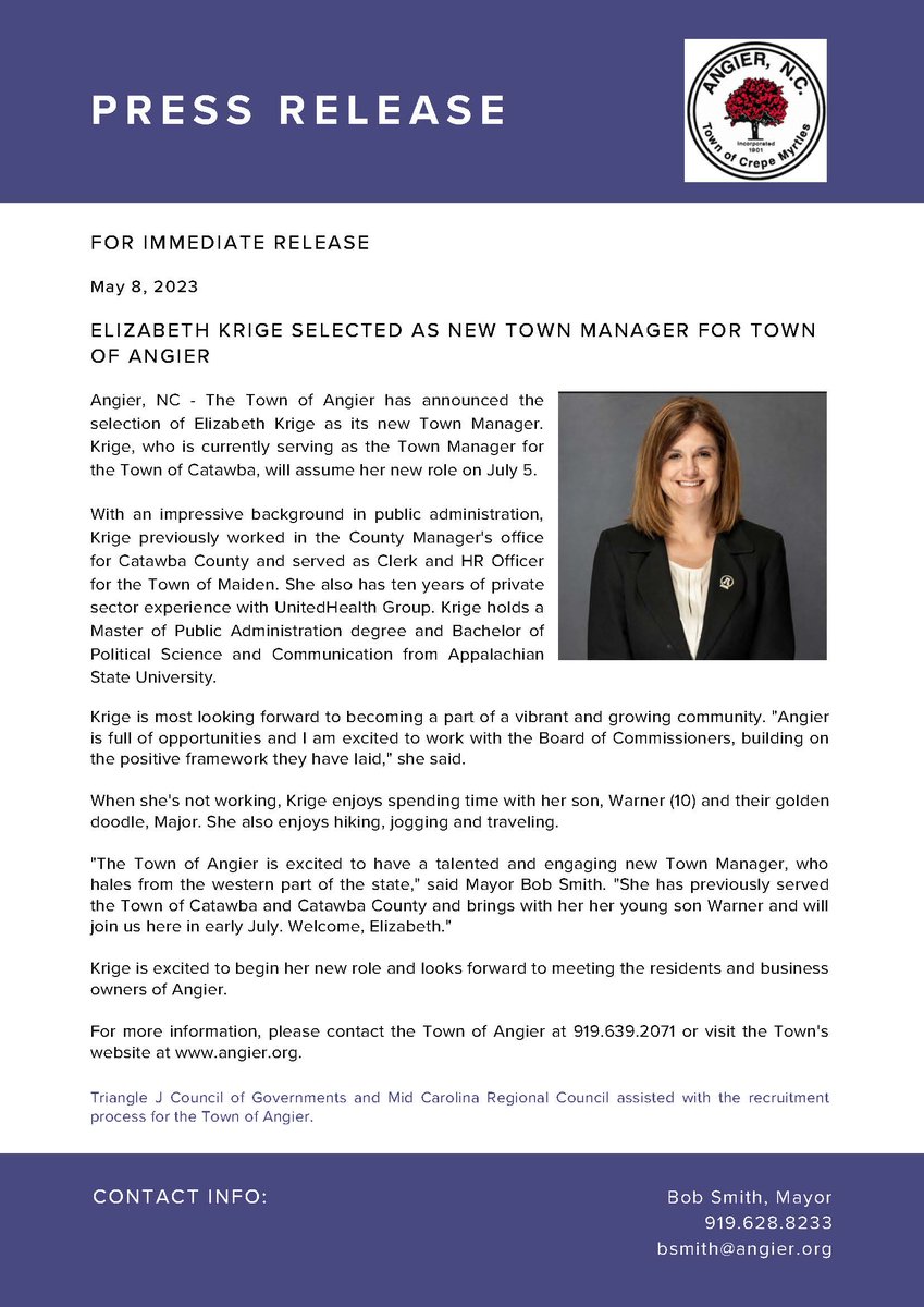 AngierTown's tweet image. Town of Angier has hired a new Town Manager.