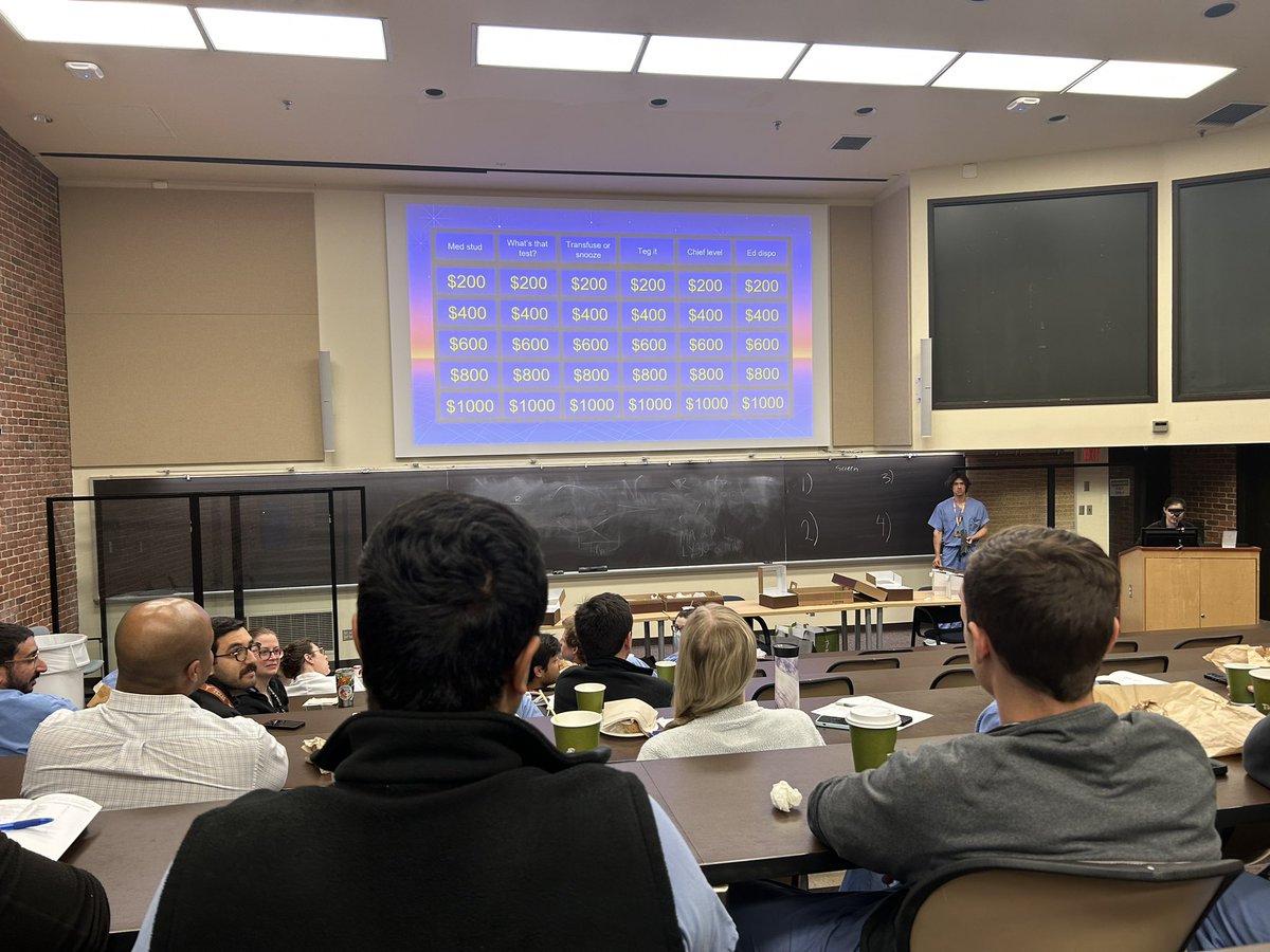 Great teaching conference today led by @VUMCSurgRes Drs. Peter Bryant and Emilee Larson. Learning about coagulation Jeopardy style. @VUMCSurgery @VUMCGME