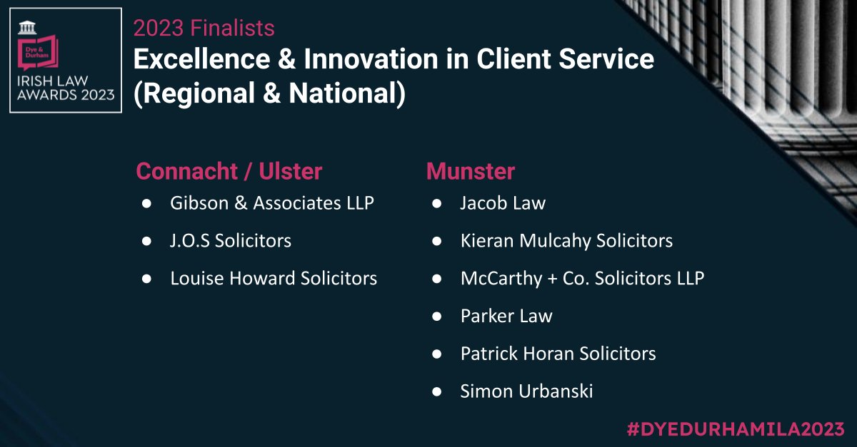IrishLawAwards's tweet photo. Congratulations to the Excellence & Innovation in Client Service finalists! We look forward to celebrating your achievements! https://t.co/f7TJAwHLYl
@DyeDurham
@GibsonSolicitor
@JOSSolicitors
@DouglasLawsols
#DYEDURHAMILA2023 #congratulations #law #legal #irishexcellence https://t.co/oKnpT7kzpx