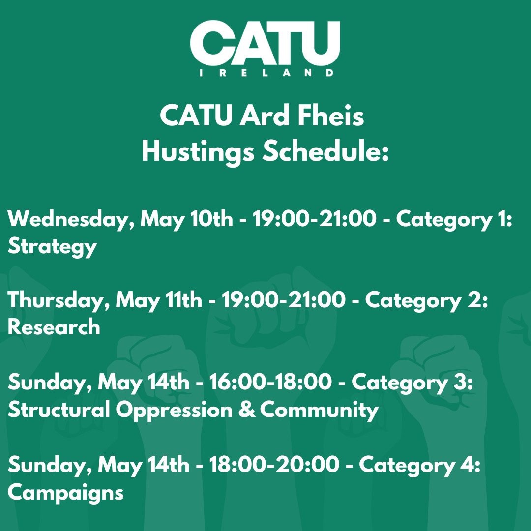 CatuIreland's tweet photo. The hustings for the CATU Ard Fheis begins tonight! Members will have received an email containing all the links to the meetings and proposed motions. Come along and take part! https://t.co/sjJLjRyEf7