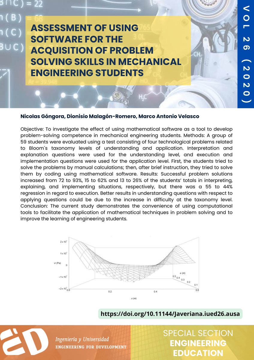 IyUPUJ's tweet photo. 📄Assessment of Using Software for the Acquisition of Problem-solving Skills in Mechanical Engineering Students
👤 Nicolas Góngora
👤 Dionisio Malagón-Romero 👤Marco Antonio Velasco
🌐 DOI: https://t.co/khvAkI6Zet
#Problemsolving #Bloomstaxonomy #Computerbasedmath #CDIOstandards https://t.co/Yt5V8GfrJj