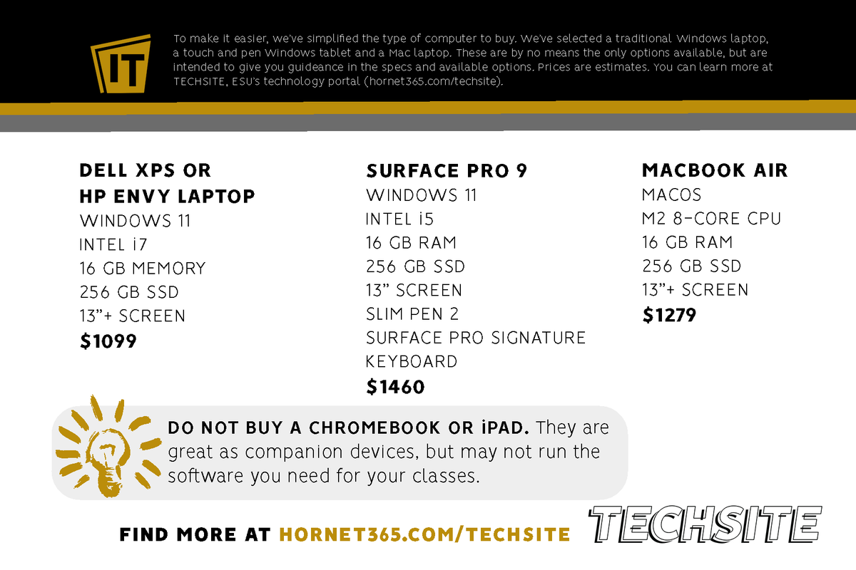 IT @ Emporia State University (@emporiastateit) on Twitter photo Are you looking to buy graduation gifts for your future <a href="/emporiastate/">Emporia State Univ.</a> Hornet?
Make sure the computing device they bring is TECH READY! 💻
🔗 hornet365.com/techsite Are you looking to buy graduation gifts for your future <a href="/emporiastate/">Emporia State Univ.</a> Hornet?
Make sure the computing device they bring is TECH READY! 💻
🔗 hornet365.com/techsite