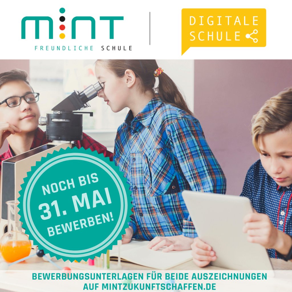 Bis 31.5. bewerben und zur „MINT-freundlichen Schule“ oder „Digitalen Schule“ ausgezeichnet werden! Alle Infos und Bewerbungsunterlagen gibt es bei <a href="/MINT_Zukunft/">MINT Zukunft schaffen! @Mintzukunft@bildung.social</a>. <a href="/sachsenanhalt/">Sachsen-Anhalt</a> t1p.de/eared #twlz #mintzukunftschaffen #mintfreundlicheschule #digitaleschule #mintzukunft