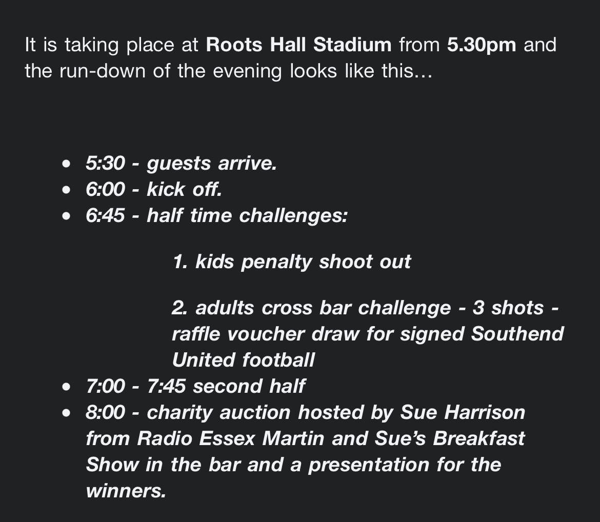 For those of you interested in supporting local businesses and the amazing charity of Havens Hospices, come and attend the Play on the Pitch Football Match tomorrow evening at Roots Hall Stadium. 

Kick off is at 6pm. 

#Charity #Football #RootsHall