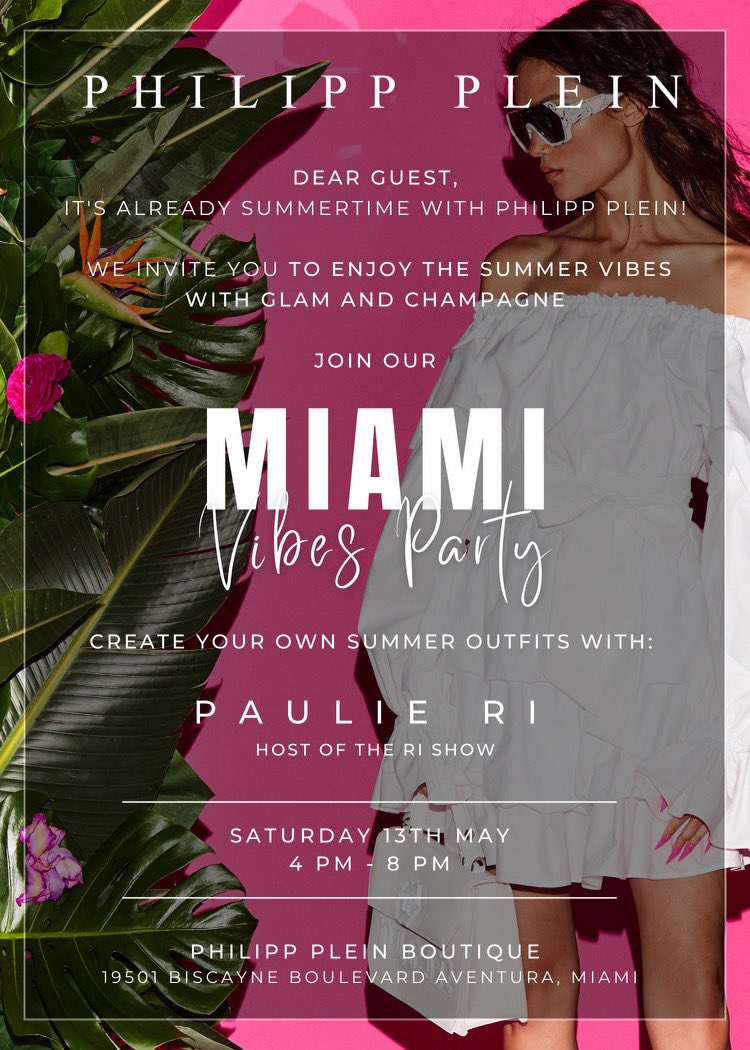 Come meet Paulie Ri and have some champagne and music while you shop the new Spring/Summer Collection at Philipp Plein Aventura Mall this Saturday from 4pm-8pm #paulieri #philippplein #plein #aventuramall #aventura #pleingang #makinghistori #miami #vibes #spring #summer #fashion