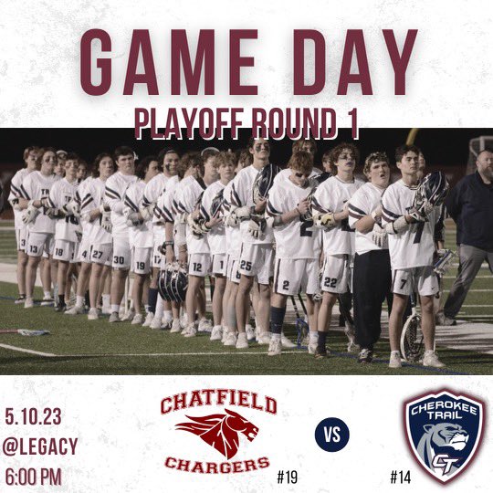 🚨It’s GameDay🚨

Come out and support your Cherokee Trail Men’s Varsity Lacrosse team as they take on Chatfield in Round 1 of the playoffs. Let’s pack the stands. 

Where: Legacy Stadium
When: Faceoff at 6 pm

Skocougs! 🐾