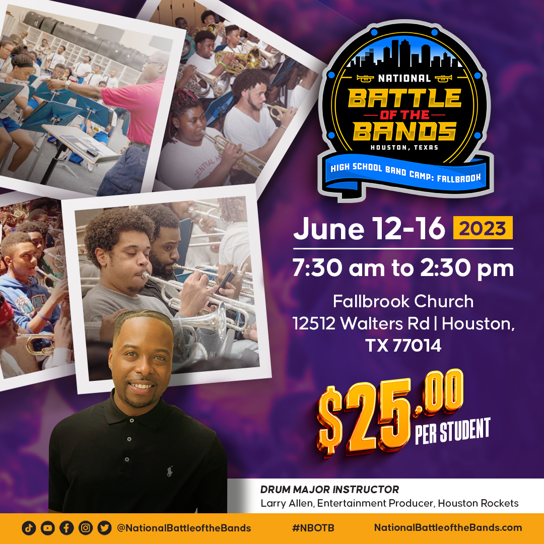NationalBOTB's tweet photo. Calling all High School Band students! ๐บ Don't miss the ultimate band camp experience with at #FallbrookChurch from June 12-16. Elevate your skills, make new friends, and perform for your family! Register today. ๐ in bio. #MusicMatters #NBOTBBandCamp #NBOTBcares #Houston https://t.co/fW7A7FhNig