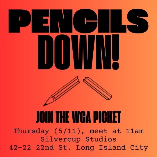 ruaaup's tweet photo. NY THURSDAY 5/11! Join the @WGA Strike Pickets in NY! 
We will meet at Silvercup Studios in Long Island City at 11am. The picket location is accessible by public transit: take the 7 N W to Queensboro Plaza or the F to 21 St-Queensbridge. 
https://t.co/mRJXwFTxGT https://t.co/bKoNMDXtYR