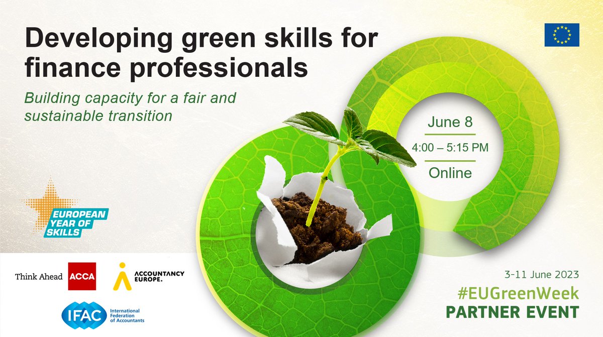 IFAC's tweet photo. On June 8, IFAC ACCA and Accountancy Europe, as part of #EUGreenWeek invite you for a lively online discussion on Developing green skills for finance professionals - Building capacity for a fair and sustainable transition. 

Register here: https://t.co/fLLDBH6Bf1 https://t.co/0DMiVwi3Ji